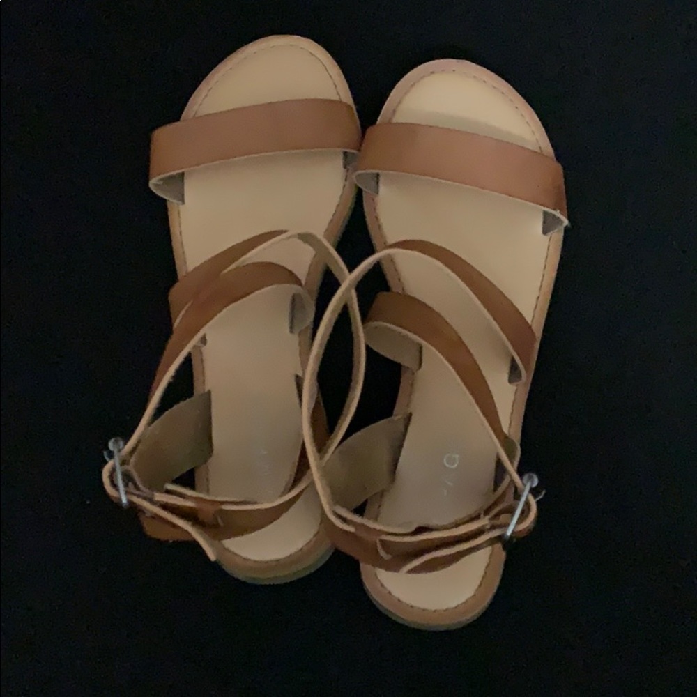 Tan leather sandals with crossover ankle straps